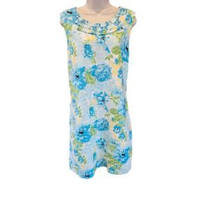 Kim rogers EUC blue floral lined shift dress sz 16 EUC 100% linen pleated collar